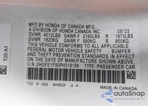 2023 Honda Civic Touring from USA, damaged, VIN 2HGFE1F90PH318196